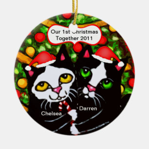Custom Christmas Tuxedo Cat Couple Ornament