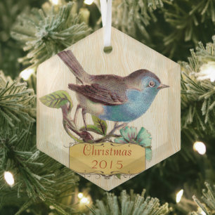 Custom Christmas Vintage Bluebird Glass Ornament