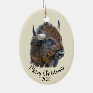 Custom Christmas Watercolor Bison Buffalo Animal Ceramic Ornament