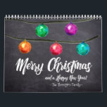 Custom Christmas Watercolor Monthly Photos Calendar<br><div class="desc">Watercolor Christmas ball ornaments and a beautiful script type adorn this design against a chalkboard background. Personalize with you family name and customize every month with your own photographs of choice.</div>