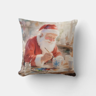 Custom Christmas Watercolor Santa Workshop Photo Throw Pillow