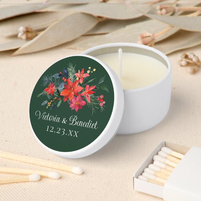 Custom Christmas Wedding Green Red Poinsettia Mini Candle Favors (Insitu)