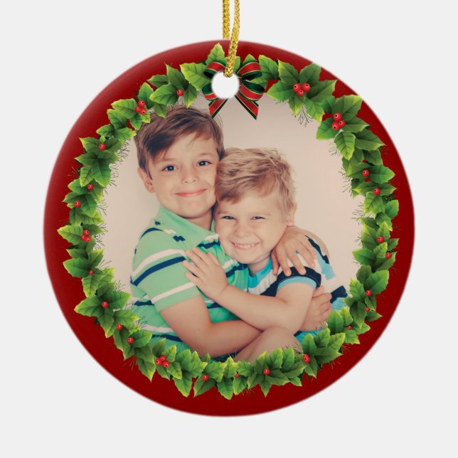 Custom Christmas Wreath Add Your Kids Photo Red Ceramic Ornament (Front)
