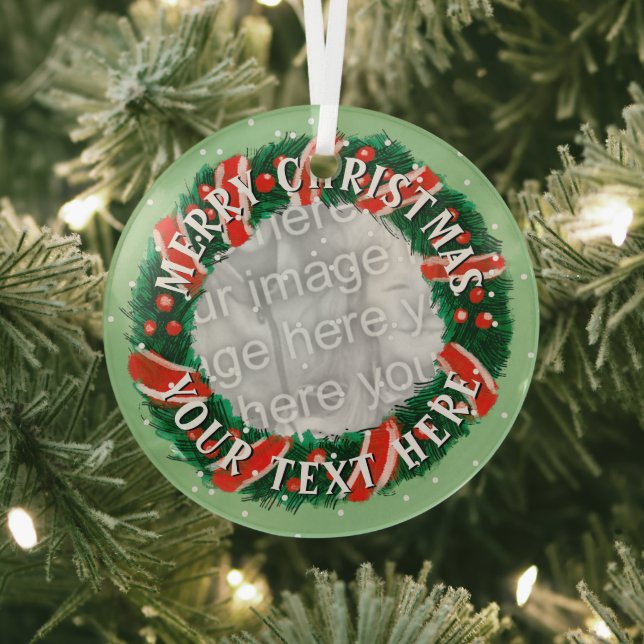Custom Christmas wreath border custom photo Glass  Ornament (Insitu)