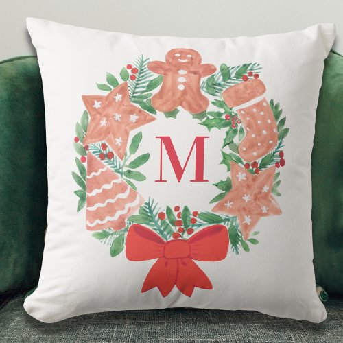 Custom Christmas Wreath Monogram Throw Pillow