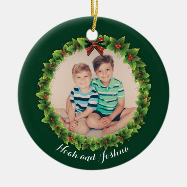 Custom Christmas Wreath Photo Cute Personalized Ceramic Ornament (Front)
