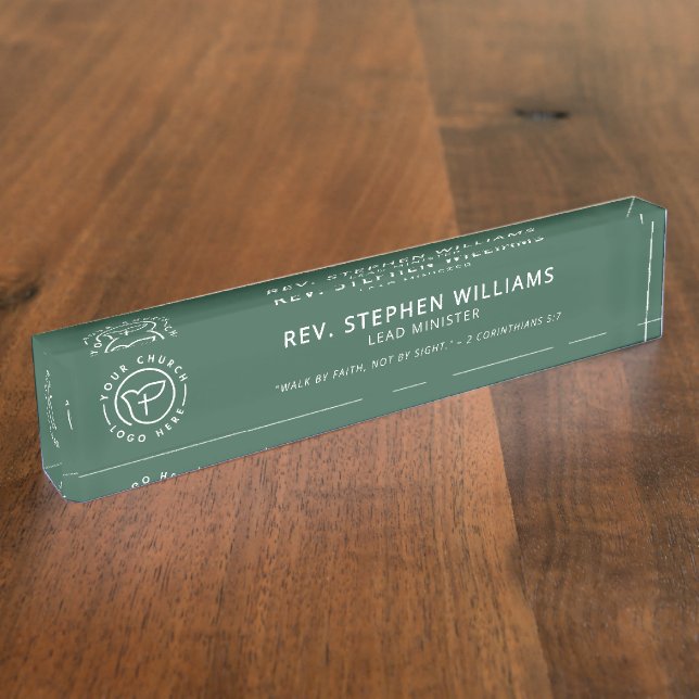 Custom Church Logo Minister Bible Verse Green Desk Name Plate (Side)