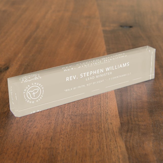 Custom Church Logo Minister Bible Verse Tan Desk Name Plate (Side)
