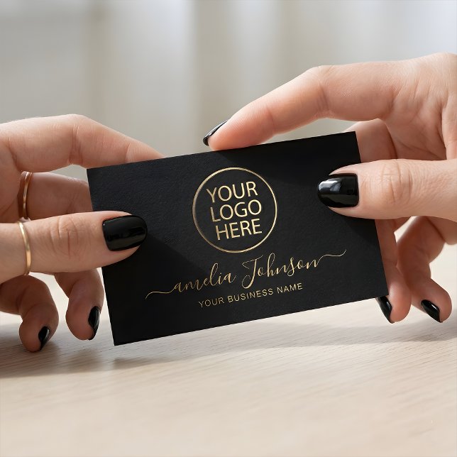 Custom Circular Logo Elegant Black Gold Script     Business Card (Creator Uploaded)