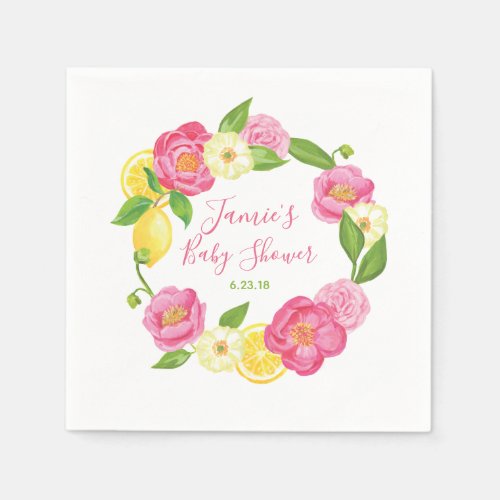 Custom Citrus Lemon Floral Rose Baby Shower Party Paper Napkins