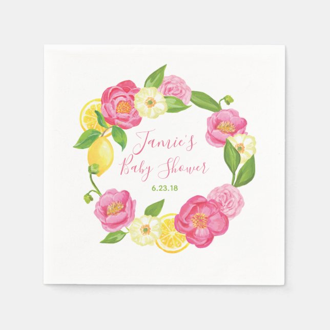 Custom Citrus Lemon Floral Rose Baby Shower Party Paper Napkins (Front)
