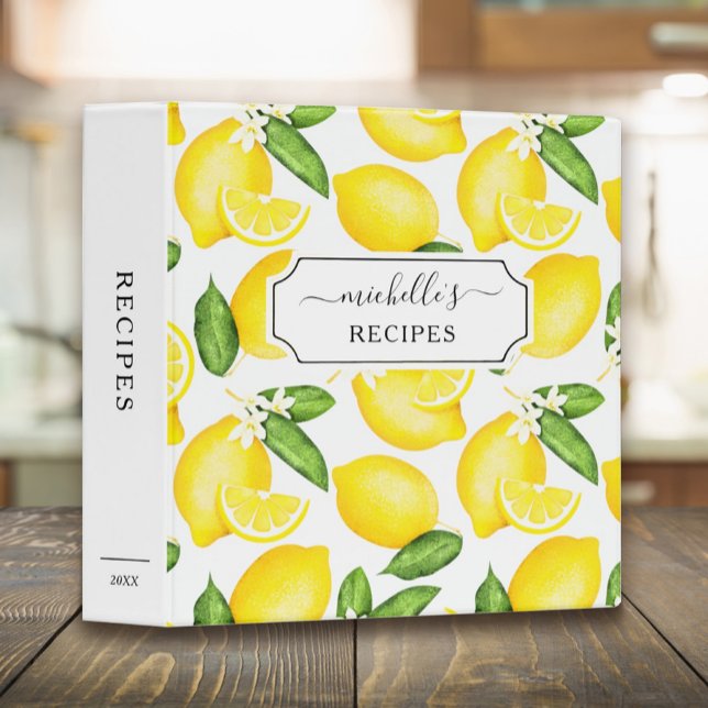 Custom Citrus Lemon Pattern Recipe Hand Lettering 3 Ring Binder (Creator Uploaded)