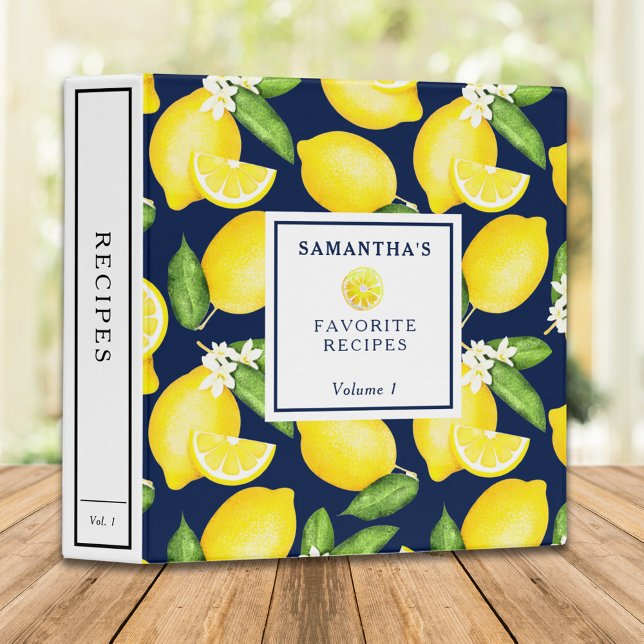Custom Citrus Lemon Pattern Recipe Navy Blue 3 Ring Binder (Creator Uploaded)