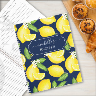 Custom Citrus Lemon Pattern Recipe Navy Blue Notebook