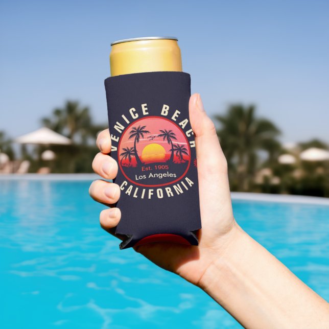 Custom City Beach Location Retro Sunset Souvenir Seltzer Can Cooler (In Situ Pool)