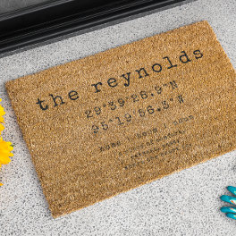 Custom City Coordinates Rustic Family Name Fiber Doormat