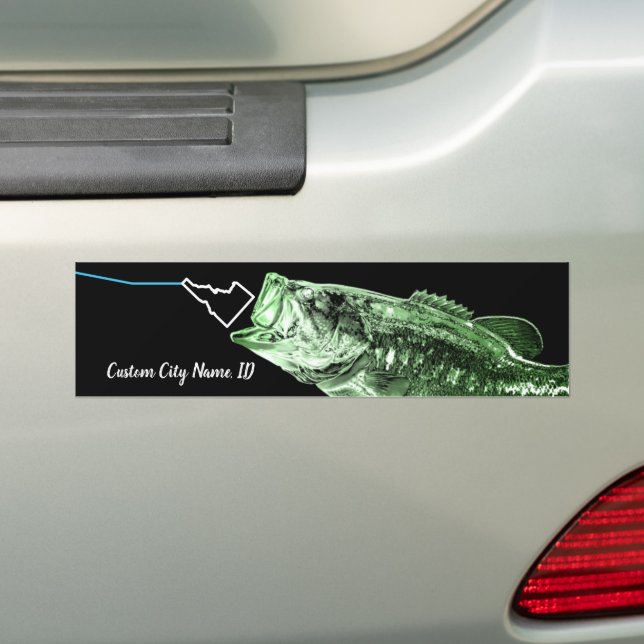 CUSTOM CITY NAME BASS HERE FISHY FISHY STRIKING ID BUMPER STICKER (On Car)