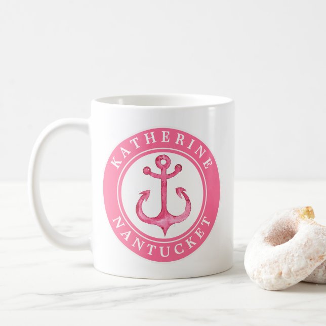 Custom City | Personalized Pink Nautical Anchor Coffee Mug (With Donut)