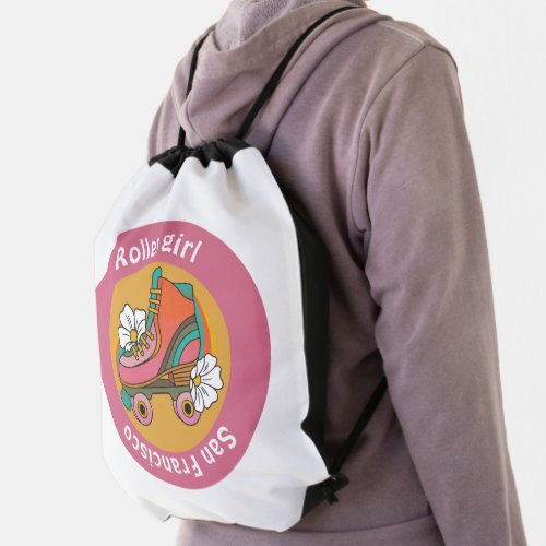 custom city roller skate girl pink girly team club drawstring bag