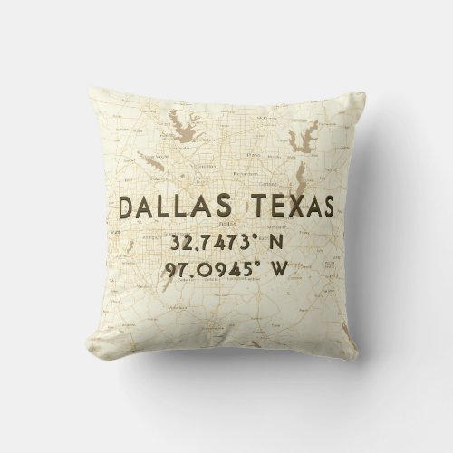 Custom City State Map  Coordinates  Dallas TX Throw Pillow