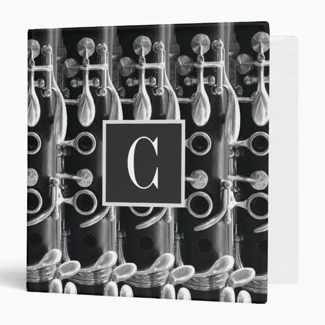 Custom Clarinet Monogram and Name Black and White 3 Ring Binder (Front/Inside)