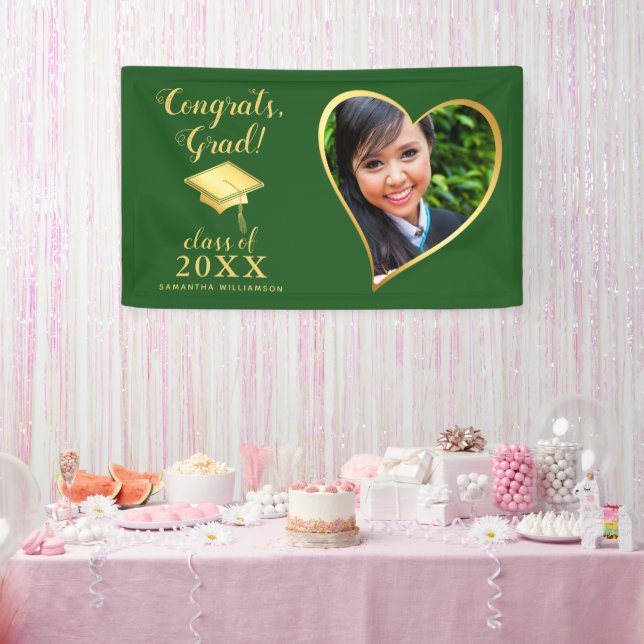 Custom Class 2025 Grad Photo Green Gold Graduation Banner (Party)