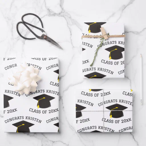 Custom Class of 20xx Black Graduation Cap Gift Wrapping Paper Sheets