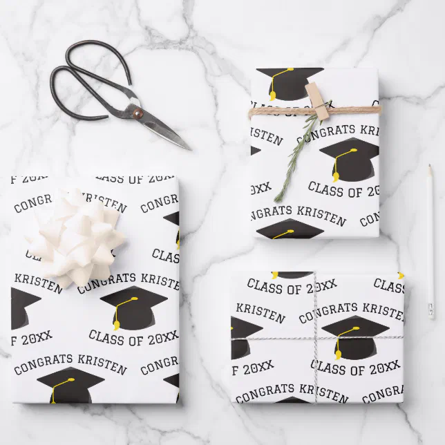 Custom Class of 20xx Black Graduation Cap Gift Wrapping Paper Sheets ...