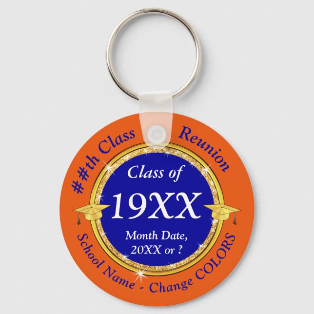 Custom, Class Reunion Favors, Orange, Blue, White Keychain (Front)