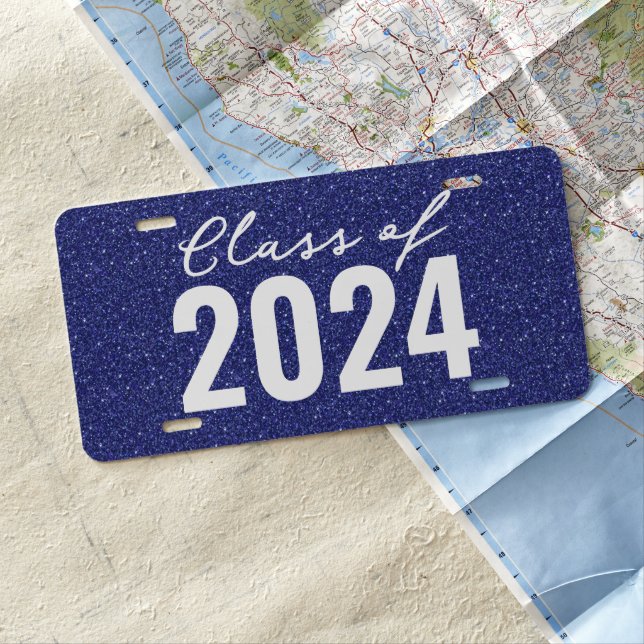 Custom Class Year Navy Blue Glitter License Plate (In Situ)