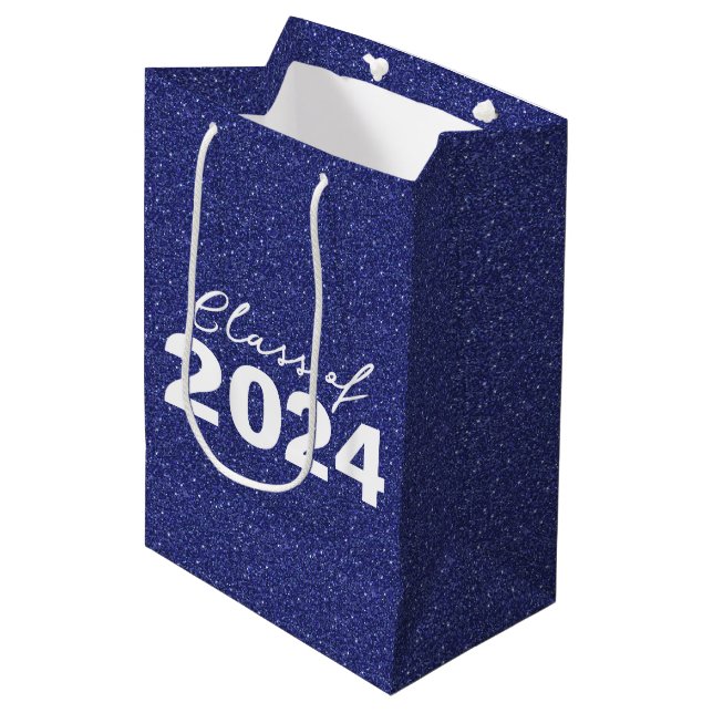 Custom Class Year Navy Blue Glitter Medium Gift Bag (Front Angled)