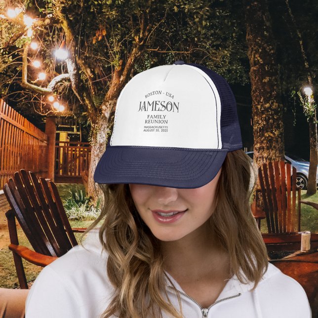 Custom Classic Arch Script Family Reunion Trucker Hat (Planning a family reunion? Create your own custom matching hats for guests to enjoy!)