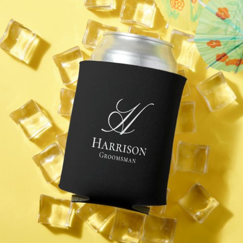 Custom Classic Black and White Monogram Groomsman Can Cooler