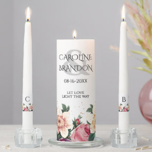 Custom Classic Blush Rose Pink Botanical Wreath Unity Candle Set