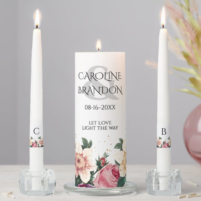 Custom Classic Blush Rose Pink Botanical Wreath Unity Candle Set (In Situ)