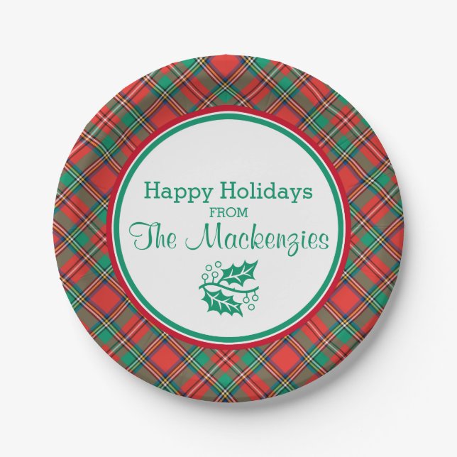 Custom Classic Christmas Plaid Border Paper Plates (Front)