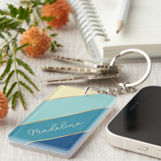 Custom Classic Cute Blue Teal Green Yellow Stripes Keychain (Front Right)