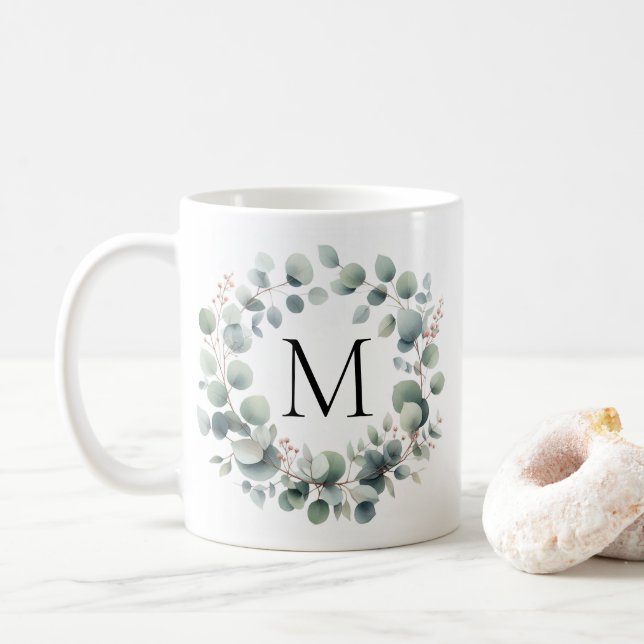 Custom Classic Green Eucalyptus Foliage Wreath Coffee Mug (With Donut)
