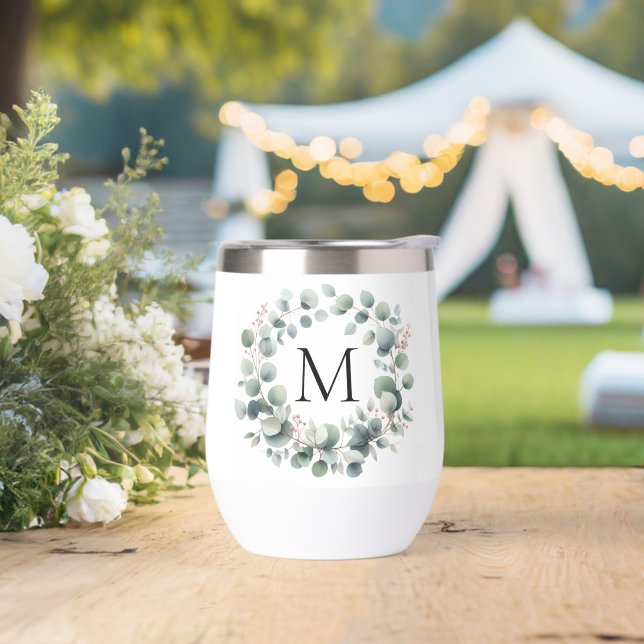 Custom Classic Green Eucalyptus Foliage Wreath Thermal Wine Tumbler (Wedding)