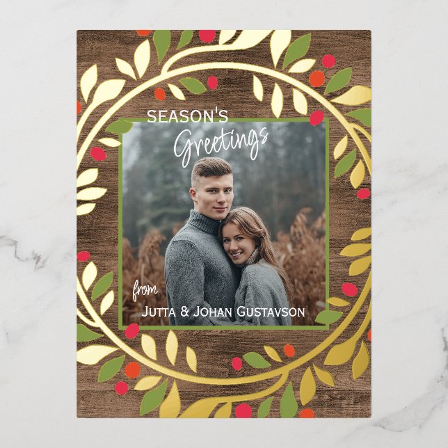 Custom Classic Green Holly Red Berries Foliage Foil Holiday Postcard (Front)