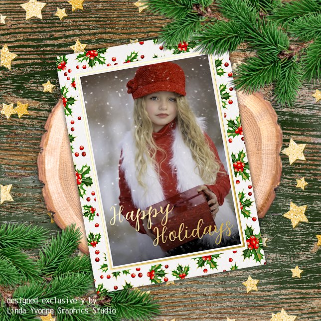 Custom Classic Green Holly Red Berries Gold Foil Holiday Card (Creator Uploaded)