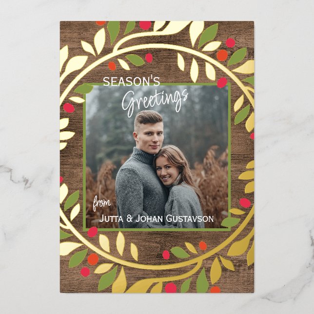 Custom Classic Green Holly Red Berries Gold Foil Holiday Card (Front)