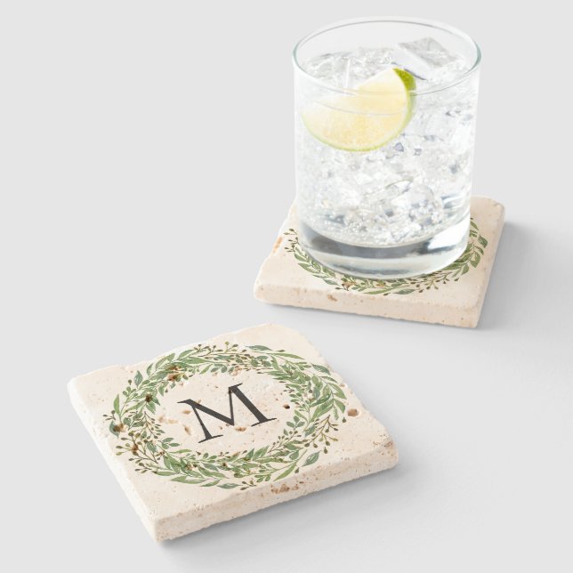 Custom Classic Green Laurel Wreath Leaves Pattern Stone Coaster (Side)