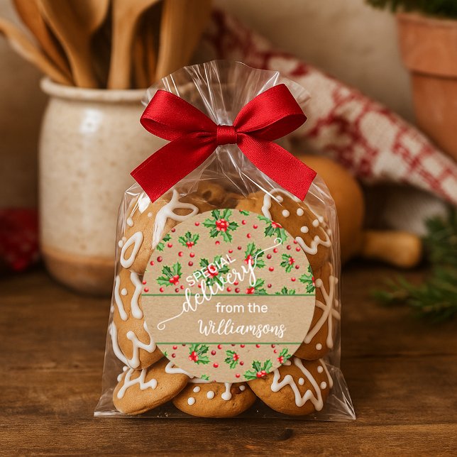 Custom Classic Holiday Green Holly Red Berries Classic Round Sticker (Creator Uploaded)