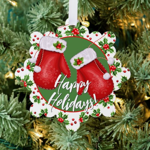 Custom Classic Holiday Green Holly Red Berries Ornament Card