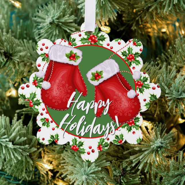 Custom Classic Holiday Green Holly Red Berries Ornament Card (Insitu (Tree))