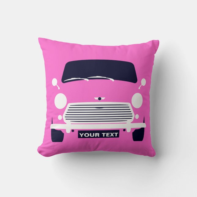 Custom Classic pink old British Mini car  Throw Pillow (Front)