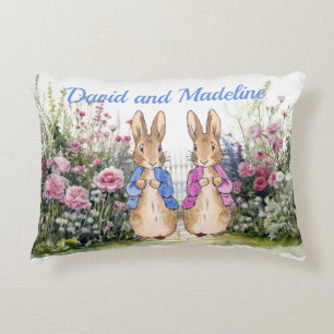Custom Classic rabbits in garden twin's name Accent Pillow