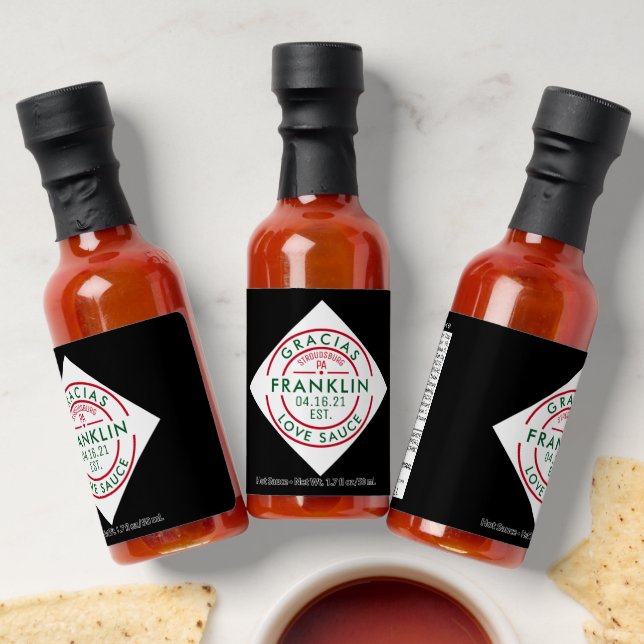 Custom Classic Red and Green Dimond Wedding Hot Sauces (Laydown)