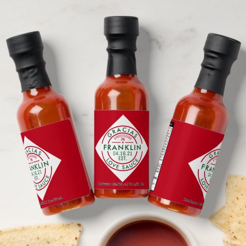 Custom Classic Red and Green Dimond Wedding Hot Sauces